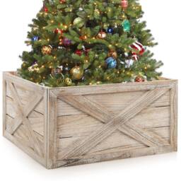 Gymax 100% Solid Wood Vintage Christmas Tree Collar Box Christmas Tree Skirt in Light Brown