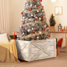 Gymax 100% Solid Wood Vintage Christmas Tree Collar Box Christmas Tree Skirt in Light Brown - thumbnail 7