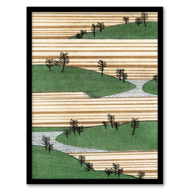 Artery8 Landscape Hills Pattern Retro Japan Framed Wall Art Print Bijutsukai in Green - Size: A4 - image 1