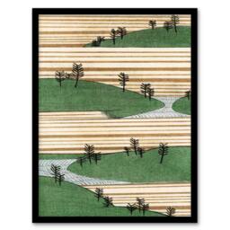 Artery8 Landscape Hills Pattern Retro Japan Framed Wall Art Print Bijutsukai in Green - Size: A4 - thumbnail 1
