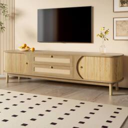ModernLuxe Country style TV cabinet with rattan drawers, doors & storage in Natural - thumbnail 2
