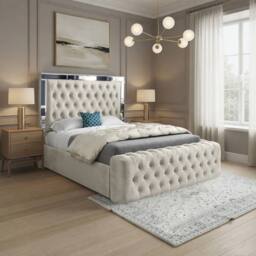 Casani Ludgershall Mirror Upholstered Beige Soft Velvet Designer Bed Frame in Cream - Size: Double - thumbnail 1