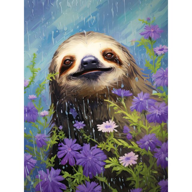 "Artery8 Wall Art Print Carefree Sloth in a Field of Lavender Daisies Oil Painting Enjoying the Spring Rain Kids Bedroom Poster - Size: W12"" x H16""" - image 1