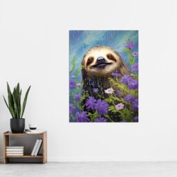 "Artery8 Wall Art Print Carefree Sloth in a Field of Lavender Daisies Oil Painting Enjoying the Spring Rain Kids Bedroom Poster - Size: W12"" x H16""" - thumbnail 2