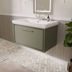 Balterley Bathroom Wall Hung Single Drawer Vanity, Fireclay Basin, Green, 800mm in Green - thumbnail 4