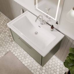 Balterley Bathroom Wall Hung Single Drawer Vanity, Fireclay Basin, Green, 800mm in Green - thumbnail 3