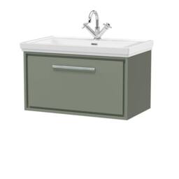 Balterley Bathroom Wall Hung Single Drawer Vanity, Fireclay Basin, Green, 800mm in Green