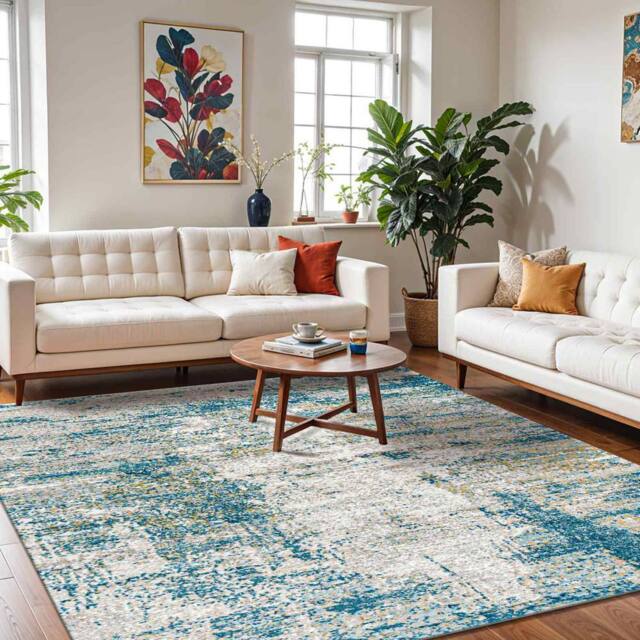 Livabliss San Francisco-Abstract Blue Grey Yellow Brown Modern Marble Living Rug in Teal - Size: 160 cm x 215 cm - image 1
