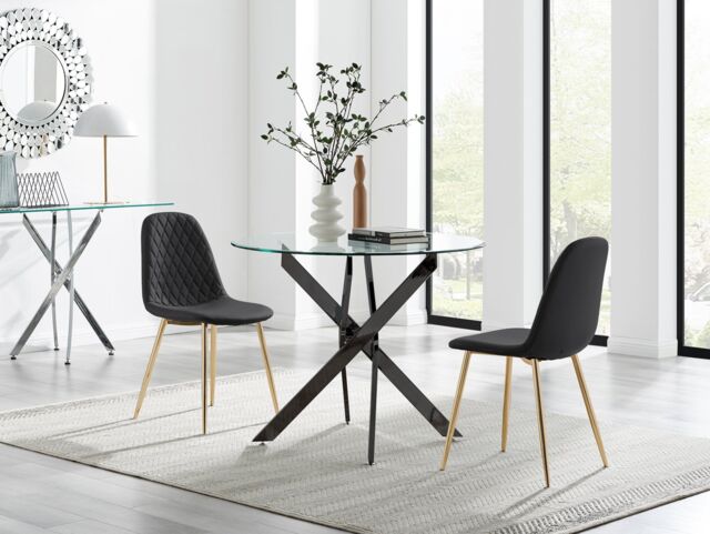FurnitureboxUK Novara 100cm Round Black Leg Dining Table & 2 Corona Gold Chairs