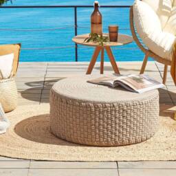 Wyld and Coco Handwoven Beige Round Outdoor Pouffe 70 cm - Braided Boho Ottoman