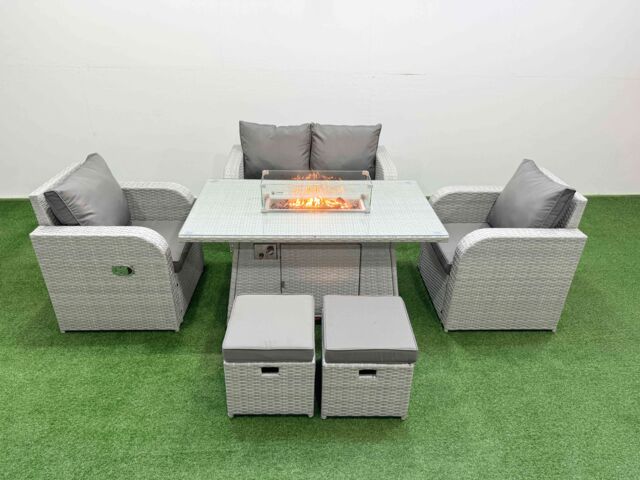 Fimous Light Grey PE Wicker Rattan Garden Furniture Set Sofa Set Reclining Chair Firepit Dining Table 6 Seater 2 Small Stools - image 1
