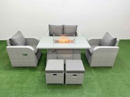 Fimous Light Grey PE Wicker Rattan Garden Furniture Set Sofa Set Reclining Chair Firepit Dining Table 6 Seater 2 Small Stools - thumbnail 1