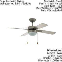 Loops Remote Control Ceiling Fan & Light Satin Nickel & White Shade 1 x 60W E14 Bulb in Metallics - thumbnail 2