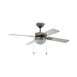 Loops Remote Control Ceiling Fan & Light Satin Nickel & White Shade 1 x 60W E14 Bulb in Metallics