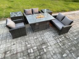 Fimous Rattan Outdoor Garden Furniture Gas Fire Pit Table Sets Gas Heater with Love Sofa Armchair 2 Side Tables 5 Seater in Dark Grey - thumbnail 1