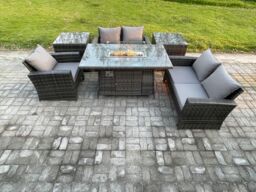 Fimous Rattan Outdoor Garden Furniture Gas Fire Pit Table Sets Gas Heater with Love Sofa Armchair 2 Side Tables 5 Seater in Dark Grey - thumbnail 2