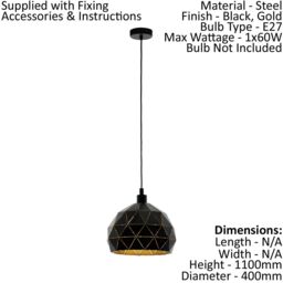 Loops Pendant Ceiling Light Colour Black Faceted Outer Gold Inner Shade Bulb E27 1x60W - thumbnail 2