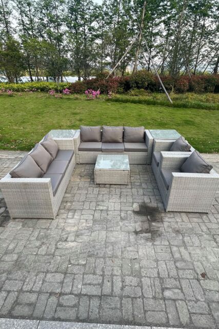 Fimous Outdoor PE Rattan Garden Furniture Set Wicker Sofa Set Square Coffee Table Armchair Side Table in Light Grey - image 1