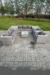 Fimous Outdoor PE Rattan Garden Furniture Set Wicker Sofa Set Square Coffee Table Armchair Side Table in Light Grey - thumbnail 2