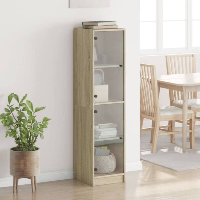 Berkfield Home Highboard with Glass Doors Sonoma Oak 35x37x142 cm in Light Tan - Size: 35 x 37 x 142 cm - image 1