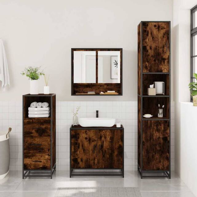 Berkfield Home Durable 3 Piece Bathroom Furniture Set Smoked Oak Engineered Wood in Brown - image 1