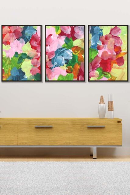 ARTZE Set of 3 Black Framed Abstract Wild Garden Flowers in Blue & Pink Wall Art - Size: W33 cm x H45 cm x D20mm - image 1