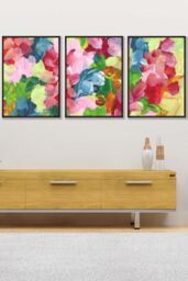 ARTZE Set of 3 Black Framed Abstract Wild Garden Flowers in Blue & Pink Wall Art - Size: W33 cm x H45 cm x D20mm - thumbnail 1