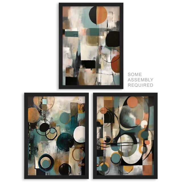 Artery8 A4 Wall Art & Frame Set of 3 Modern Abstract Circles Tan Orange Teal in Grey - image 1