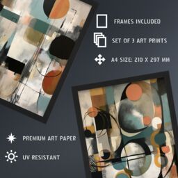 Artery8 A4 Wall Art & Frame Set of 3 Modern Abstract Circles Tan Orange Teal in Grey - thumbnail 3
