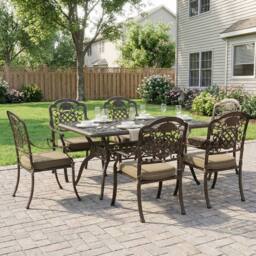 OUTSUNNY Outdoor Dining Set with Cushions, Parasol Hole, Bronze Tone - Size: 150 cm x 90 cm