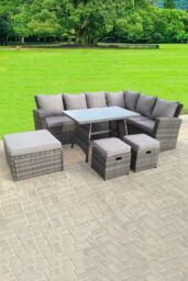 Fimous 9 Seater High Back Rattan Corner Sofa With Oblong Dining Table 3 Footstools in Dark Grey - thumbnail 1