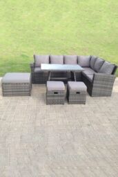 Fimous 9 Seater High Back Rattan Corner Sofa With Oblong Dining Table 3 Footstools in Dark Grey - thumbnail 2