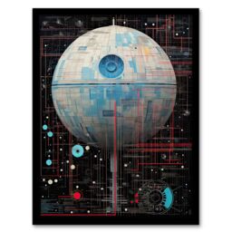 Artery8 Wall Art Print Dark Side Engineering Death Star Schematic Diagram Science Fiction Technology Design Artwork Framed in Blue - Size: A4 - thumbnail 1