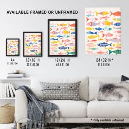 "Artery8 Multicoloured Fish Screen Print By Sofia Francis Kitchen Food Risograph Unframed Wall Art Print Poster Home Decor Premium - Size: W12"" x H16""" - thumbnail 3