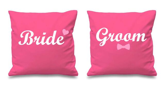 60 SECOND MAKEOVER Bride & Groom Cushion Covers in Pink - Size: 40 cm x 40 cm