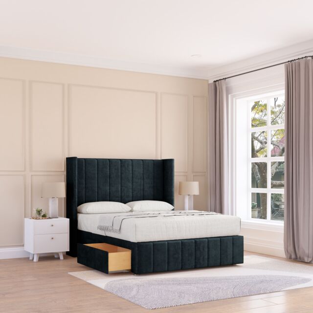 "Sloomy Melbourne Naples Wingback Bed Set, 2 Drawers & 54"" Floor Standing Headboard in Black - Size: King" - image 1