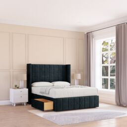 "Sloomy Melbourne Naples Wingback Bed Set, 2 Drawers & 54"" Floor Standing Headboard in Black - Size: King" - thumbnail 1