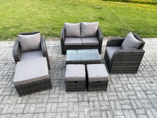 Fimous Wicker PE Rattan Outdoor Furniture Set Garden Love Sofa Coffee Table 2 Armchair 3 Footstools Dark Grey Mixed - image 1