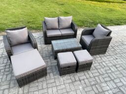 Fimous Wicker PE Rattan Outdoor Furniture Set Garden Love Sofa Coffee Table 2 Armchair 3 Footstools Dark Grey Mixed - thumbnail 2
