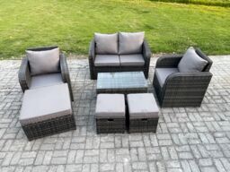 Fimous Wicker PE Rattan Outdoor Furniture Set Garden Love Sofa Coffee Table 2 Armchair 3 Footstools Dark Grey Mixed - thumbnail 1