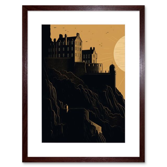 "Artery8 Wall Art Print Edinburgh Castle at Sunset Linocut Artwork Framed 9X7 Inch in Brown - Size: W7"" x H9""" - image 1