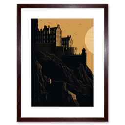 "Artery8 Wall Art Print Edinburgh Castle at Sunset Linocut Artwork Framed 9X7 Inch in Brown - Size: W7"" x H9""" - thumbnail 1