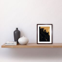 "Artery8 Wall Art Print Edinburgh Castle at Sunset Linocut Artwork Framed 9X7 Inch in Brown - Size: W7"" x H9""" - thumbnail 2