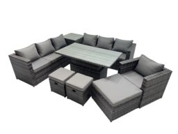 Fimous 10 Seater Outdoor Garden Rattan Furniture Set with Side Table 3 Stool in Dark Grey - thumbnail 1