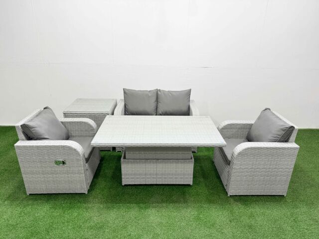 Fimous Light Grey PE Wicker Rattan Garden Furniture Set Sofa Set Reclining Chair Adjustable Lifting Dining or Coffee Table 4 Seater With Side Table - image 1