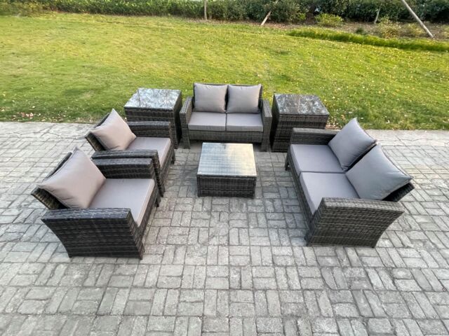 Fimous Rattan Garden Furniture Set Patio Outdoor Lounge Sofa Set with Square Coffee Table Double Seat Sofa 2 Side Tables in Dark Grey