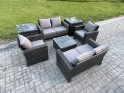 Fimous Rattan Garden Furniture Set Patio Outdoor Lounge Sofa Set with Square Coffee Table Double Seat Sofa 2 Side Tables in Dark Grey - thumbnail 2