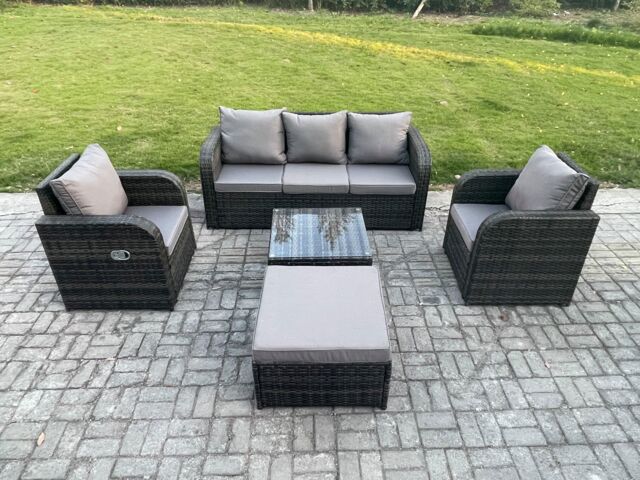 Fimous Garden Furniture Sets 6 Seater Wicker Rattan Furniture Patio Sofa Sets with Reclining Chair 3 Seater Sofa Big Footstool in Dark Grey - image 1