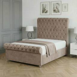 Living Comfort Bedz Regency Sleigh Slatted Base Upholstered Bed with 48 Inch Headboard in Beige - Size: King