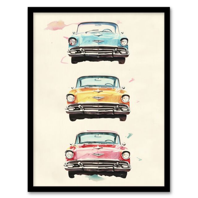 "Artery8 3 Three Classic Vintage Cars Watercolour Modern Framed Art Print in Beige - Size: W12"" x H16""" - image 1